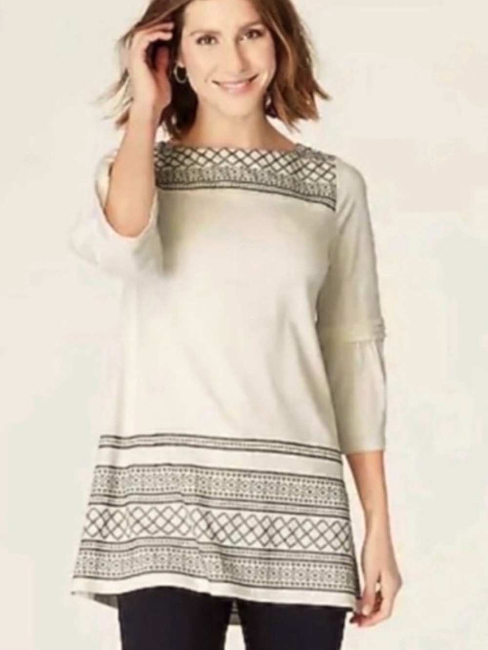 J. Jill Tunic Top Cream Black Geometric Bell Sleeve Medium